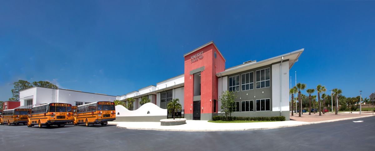 Architectural view of the Somerset Collegiate Preparatory Academy chater high school in Port St Lucie, FL